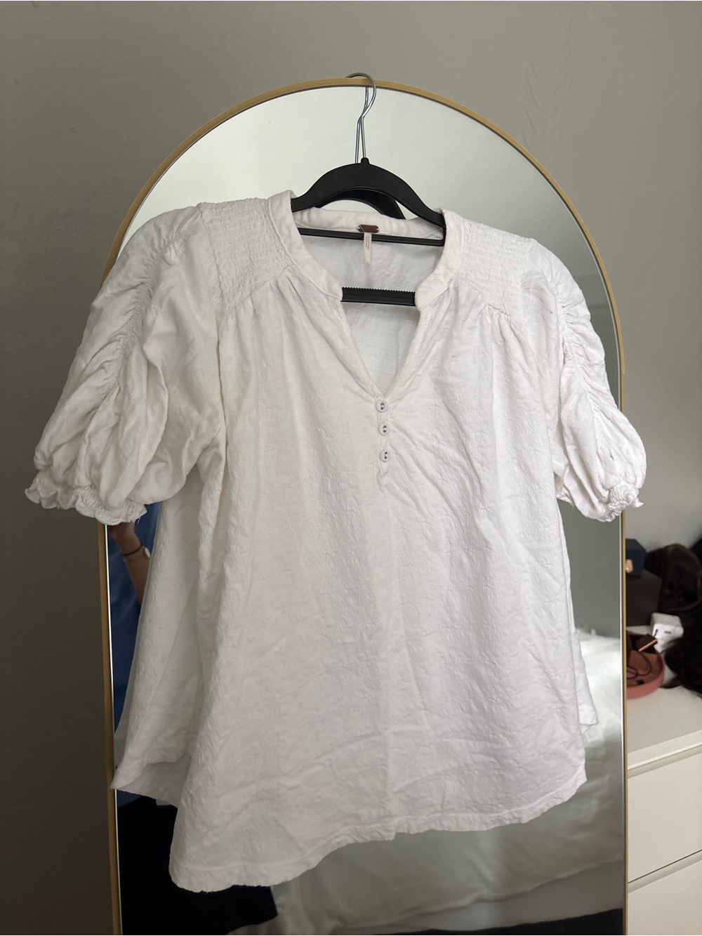 Women's White Puff Sleeve Henley Top
